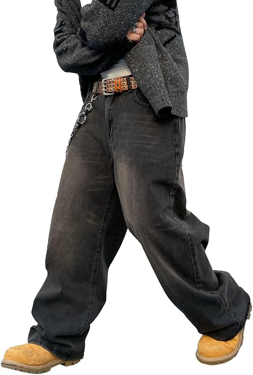 Men's Baggy Hip Hop Jeans Wide Leg Skater Denim Pants Casual Loose Fit Long Trousers Streetwear
