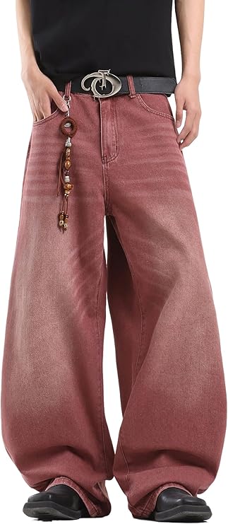 Men's Baggy Hip Hop Jeans Wide Leg Skater Denim Pants Casual Loose Fit Long Trousers Streetwear