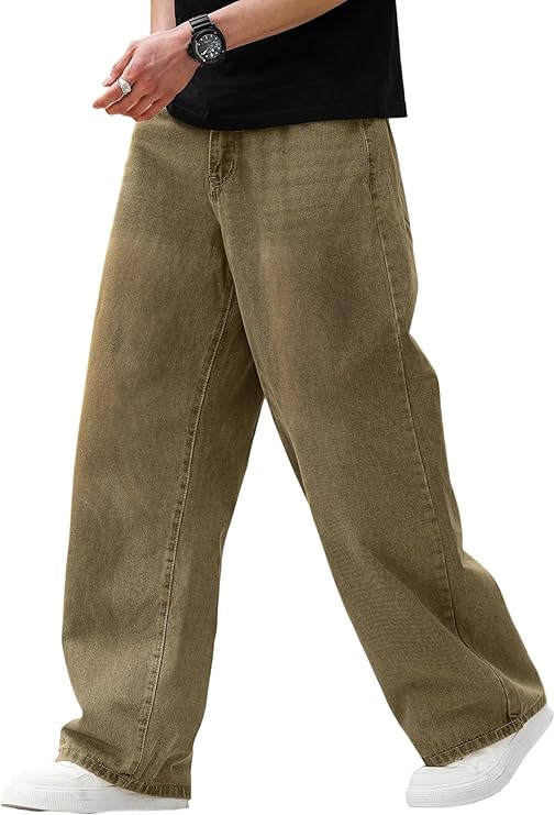 Men's Baggy Hip Hop Jeans Wide Leg Skater Denim Pants Casual Loose Fit Long Trousers Streetwear