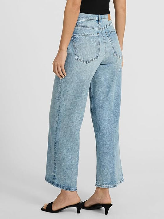 EXPRESS Women’s Wide-Leg Ankle Jeans – High Waisted Stretch Denim – Light Wash